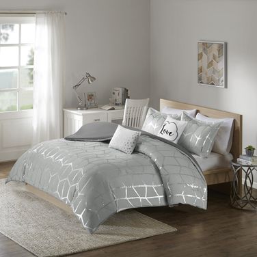 Polyester 85Gsm Brushed Microfiber Printed 4 Piece Twin Duvet Cover Set In Grey/Silver