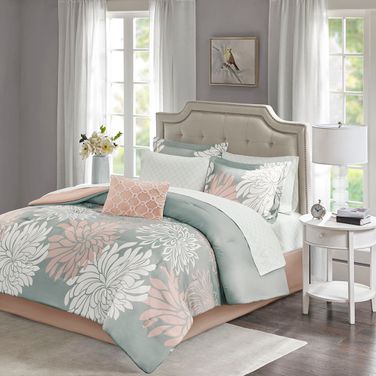 Polyester 9 Piece Queen Comforter Set In Blush/Grey