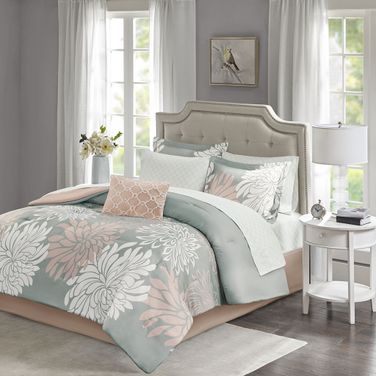 Polyester 9 Piece California King Comforter Set In Blush/Grey