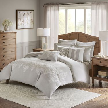 Polyester 9 Piece King Comforter Set with Embroidery In Natural