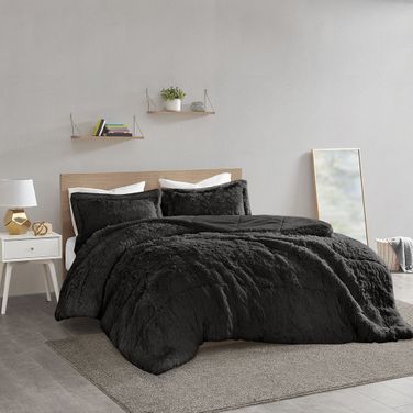 Polyester Back Solid Shaggy Long Fur 2 Piece Twin Comforter Set In Black