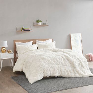 Polyester Back Solid Shaggy Long Fur 3 Piece Queen Comforter Set In Ivory