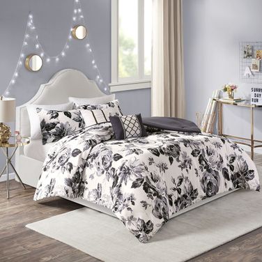 Polyester Brushed 5 Piece King Comforter Set In Black/White