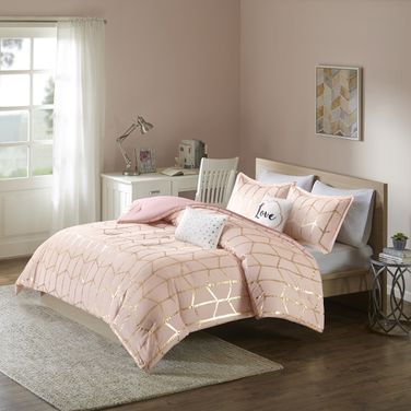 Polyester Brushed Microfiber Printed 4 Piece Twin Comforter Set In Blush/Gold