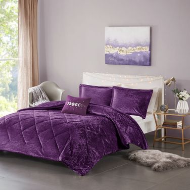 Polyester Crushed Velvet 3 Piece Twin Comforter Set In Purple