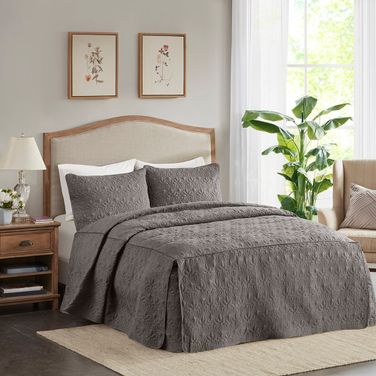 Polyester Fitted 3 Piece King Bedspread In Dark Grey