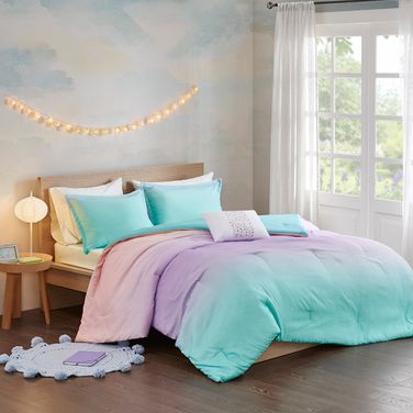 Polyester Glitter Printed 3 Piece Twin Comforter Set In Aqua