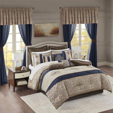Polyester Jacquard 24 Piece King Comforter Set In Navy