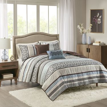 Polyester Jacquard 5 Piece King Coverlet Set In Blue