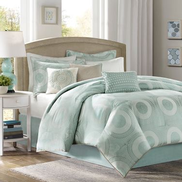 Polyester Jacquard 7 Piece Queen Comforter Set with Flange In Blue