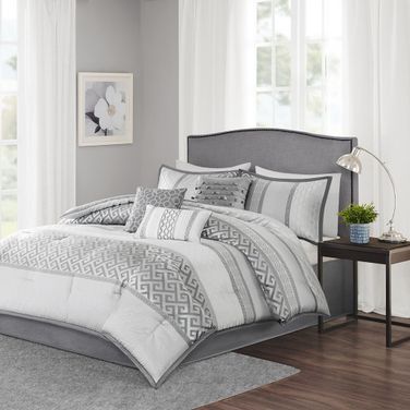 Polyester Jacquard 7 Piece Queen Comforter Set In Grey