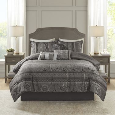 Polyester Jacquard 7 Piece Queen Comforter Set In Dark Grey