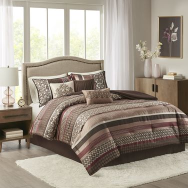 Polyester Jacquard 7 Piece California King Comforter Set In Red