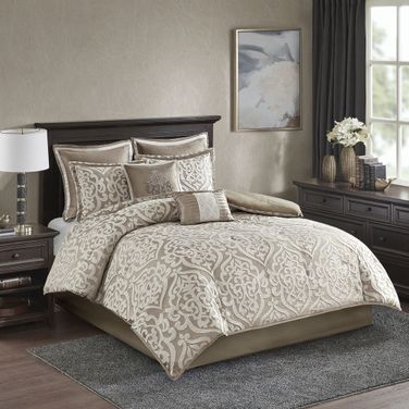 Polyester Jacquard 8 Piece King Comforter Set In Tan