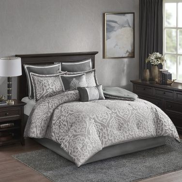 Polyester Jacquard 8 Piece California King Comforter Set In Silver