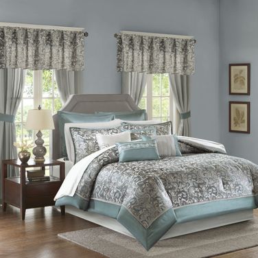 Polyester Jacquard 24 Piece California King Comforter Set In Teal