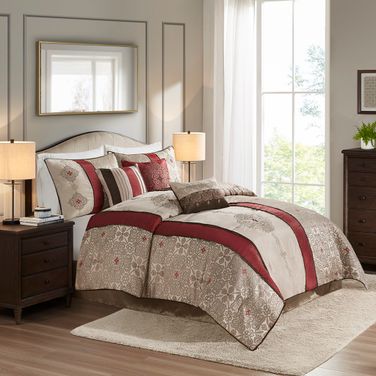 Donovan 7 Piece Jacquard California King Comforter Set with Throw Pillows In Red