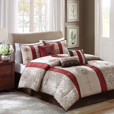 Polyester Jacquard Pieced 7 Piece Queen Comforter Set with Embroidery In Red