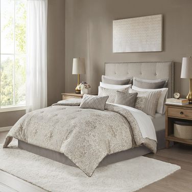 Polyester Jaquard 12 Piece California King Comforter Set In Khaki