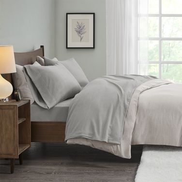 Polyester Knitted Micro Fleece Solid 4 Piece King Sheet Set In Grey