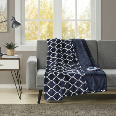 Polyester Knitted Ogee Solid Printed Microlight Heated Throw In Indigo