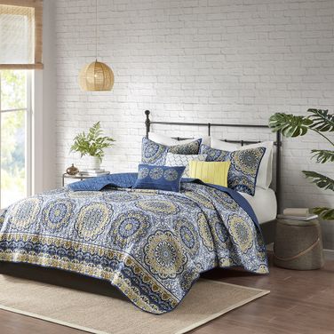 Polyester Microfiber Printed 6 Piece King Coverlet Set In Blue