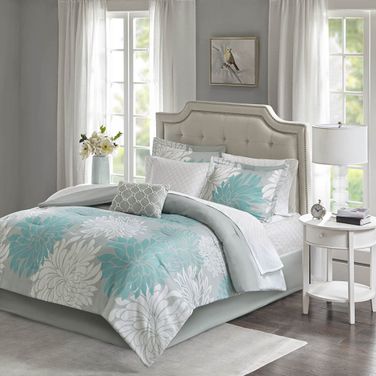 Polyester Microfiber Printed 9 Piece King Comforter Set In Aqua