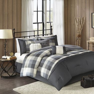 Polyester Microfiber Printed Brushed Herringbone 7 Piece King Comforter Set In Grey
