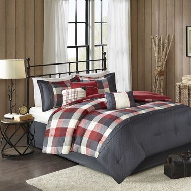 Polyester Microfiber Printed Brushed Herringbone 7 Piece King Comforter Set In Red