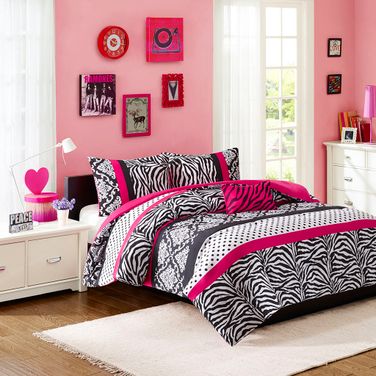 Polyester Microfiber Printed 4 Piece Queen Comforter Set In Pink