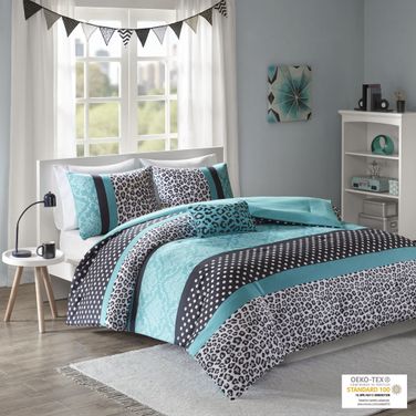 Polyester Microfiber Printed 4 Piece King Comforter Set In Teal