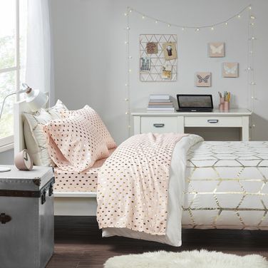 Polyester Microfiber Solid Printed 3 Piece Twin Sheet Set With Foiled In Blush/Gold