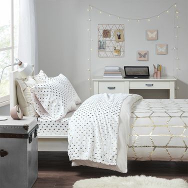 Polyester Microfiber Solid Printed 3 Piece Twin XL Sheet Set With Foiled In White/Gold