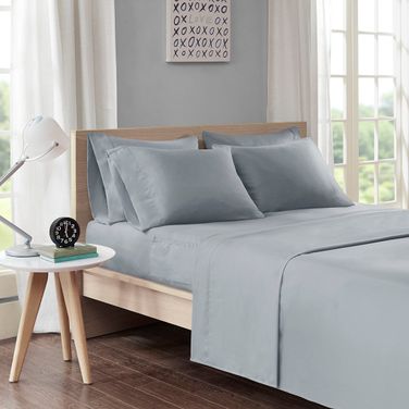 Polyester Microfiber Solid 4 Piece Twin XL Sheet Set With Side Storage Pockets In Grey