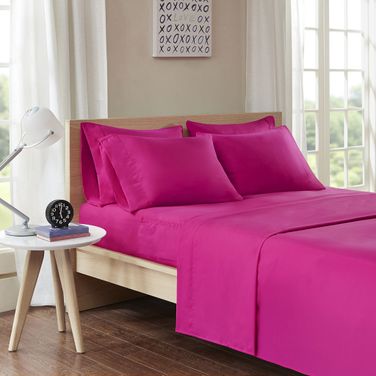 Polyester Microfiber Solid 4 Piece Twin Sheet Set With Side Storage Pockets In Pink