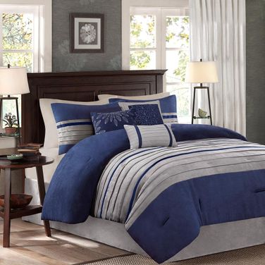 Polyester Microsuede Pieced 7 Piece Queen Comforter Set In Blue