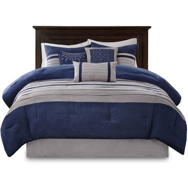 Polyester Microsuede Pieced 7 Piece California King Comforter Set In Blue