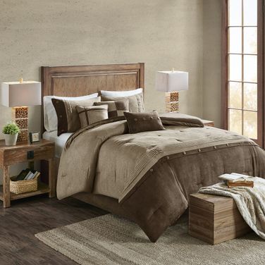 Polyester Microsuede Printed Pieced 7 Piece Queen Comforter Set In Brown