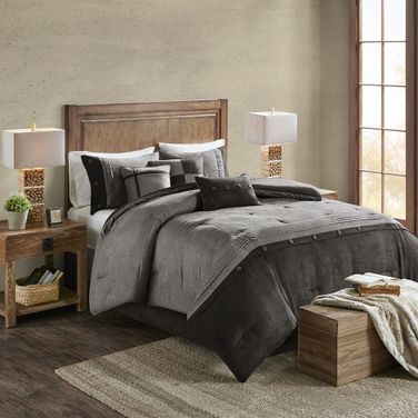 Polyester Microsuede Printed Pieced with Solid Microsuede 7 Piece King Comforter Set In Grey
