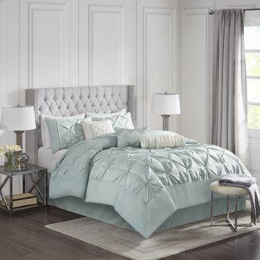 Polyester Polyoni 7 Piece King Comforter Set with Pleats In Seafoam