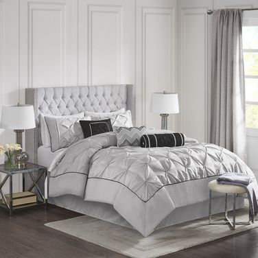 Polyester Polyoni Pieced Pleated 7 Piece Full Comforter Set In Grey