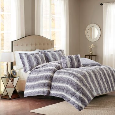 Zuri 4 Piece Faux Fur Comforter Set In Grey