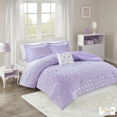 Polyester Printed Brushed 3 Piece Twin Comforter Set In Purple/Silver