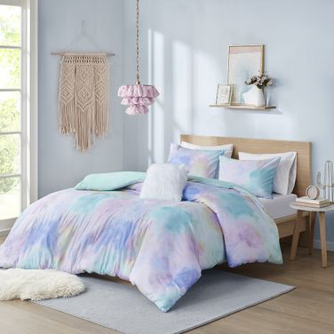 Polyester Printed 4 Piece Queen Duvet Cover Set In Aqua