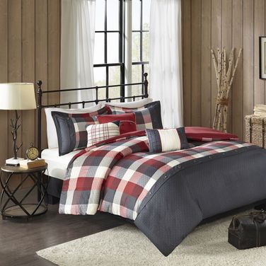 Polyester Printed Herringbone 6 Piece King Duvet Cover Set In Red
