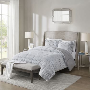Polyester Printed Long Fur 3 Piece King Comforter Set In Grey