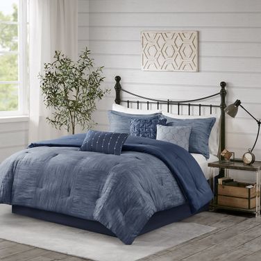 Polyester Printed Seersucker 7 Piece King Comforter Set In Navy