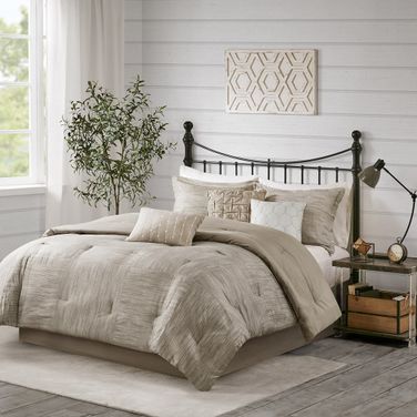 Polyester Seersucker Printed Pieced 7 Piece California King Comforter Set In Taupe