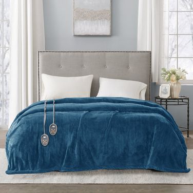 Polyester Solid Microlight Reversible Heated King Blanket In Teal