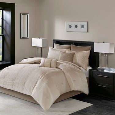 Polyester Solid Pieced Embroidered 8 Piece King Comforter Set In Natural
